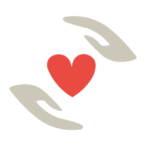 A stylised vector drawing of two grey hands, with a red heart in the centre.