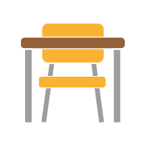 A vector drawing of an orange chair at a brown school desk.